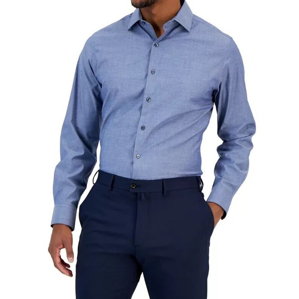 Bar III Men's Slim Fit Stretch Chambray Long Sleeve Dress Shirt Indigo Blue M